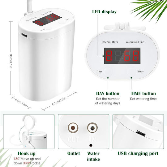 Система За Автоматично Поливане На Засадени Растения 2000 Mah Презареждаща Usb Батерия 2m Маркуч 16 Дропа Led Дисплей Бял