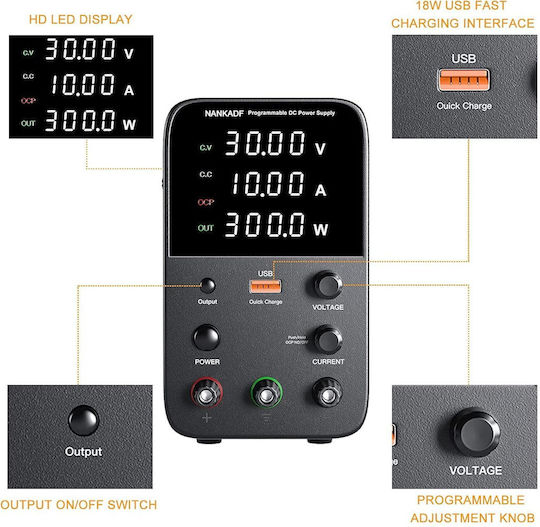 Surse de Alimentare pentru Laborator 0-30 V 0-10 A 300 W Ecran Led Ventilator de Răcire Protecție la Supraîncărcare Ocp 15w Port Usb Stabilizare Tensiune Curent Cv Cc