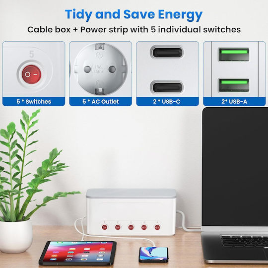 Cutie de cablu Organizator de cablu Tip Box-type Cu 5 prize Comutatoare individuale Ac 250v 16a 4000 W 4 sloturi Usb Sloturi sigure pentru bebeluși Montare pe perete 29 x 14 x 14 cm