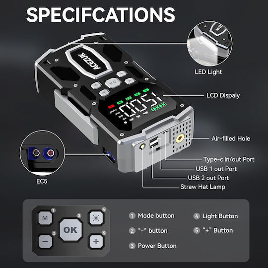 Starter Portabil Pentru Baterii Auto și Motocicletă 26800mAh Cu Bancă De Alimentare USB și Obiectiv 12V