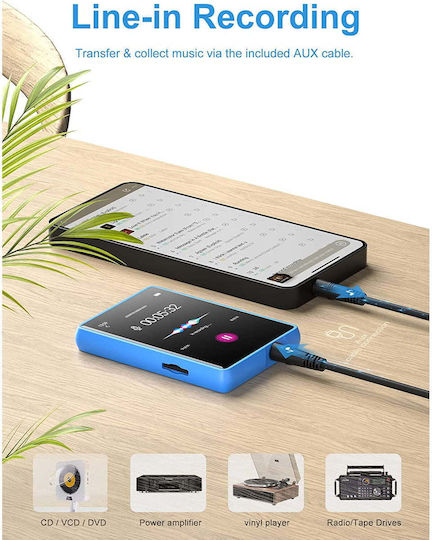 32 Gb MP3 Player Bluetooth 5.0 Ecran Tactil 2.4 Inch Difuzor Sunet Hifi Radio Fm Portabil Acceptă Card Până La 128 Gb Albastru