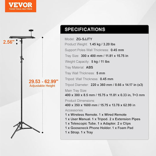 Suport pentru Proiector Poziționare Pardoseală Înălțime Reglabilă 68 160 Cm Suport pentru Telefon cu Braț Flexibil Unghi Reglabil 180° Design Pliabil și Portabil Capacitate 5 Kg pentru Proiector Tablet Mixer Laptop Partitură Negru