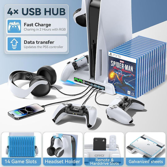 Suport Vertical De Răcire Playstation 5 Stație De Încărcare Funcție Controler Ps5 Lumini Rgb Led Hub Usb Suport Căști Sloturi Joc Oivo