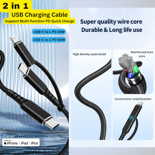 Usb C Fast Charging Cable 2-in-1 Max 60w Usb C To Usb C Lightning Type C Fast Charging Textile Material Iphone 16 Pro Max 15 14 Ipad Air Mini Galaxy Pixel 1m Luvlu
