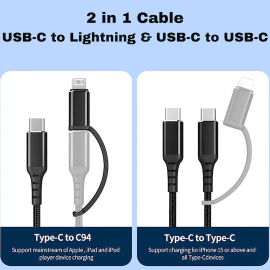 Usb C Fast Charging Cable 2-in-1 Max 60w Usb C To Usb C Lightning Type C Fast Charging Textile Material Iphone 16 Pro Max 15 14 Ipad Air Mini Galaxy Pixel 1m Luvlu