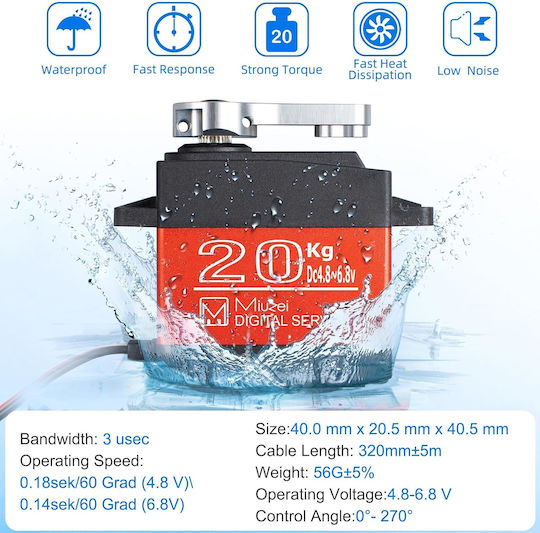 Rc Servo Motor 20 Kg 4.8v 6.8v Waterproof Operating Angle 0°-270° Metal Gear Robot Arm Rc Boat Rc Car Model Airplane Model Helicopter 32 Cm Cablu