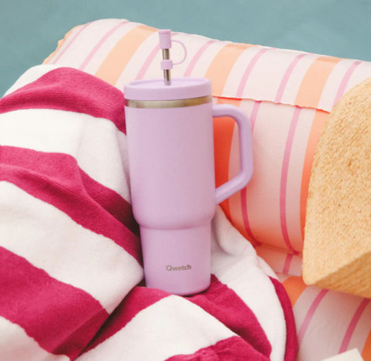 Qwetch Glass Thermos Stainless Steel / Plastic 900ml Qwetch Purple with Straw and Mouthpiece