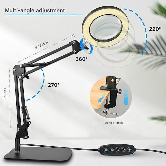Lampă Cosmetică cu Braț, Lampa cu Led, Oglindă Mărire 10x, Rotire la 360°, 12.6 W, 1800 Lumen, Reglabilă, 5 Moduri, 10 Niveluri de Luminozitate, Dimmable, Bază 2 În 1, Clește, Machiaj, Tatuaje, Bijuterii, Electronice