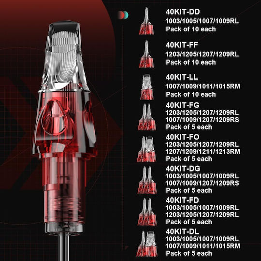 Set 40 Cartușe Ac pentru Tattoo 8 Tipuri de Ac Bug Pin Ac 1203rl 1205rl 1207rl 1209rl 1003rl 1005rl 1007rl 1009rl Din Oțel Inoxidabil 316 Conturumum Umplere En04x-40kit-fd