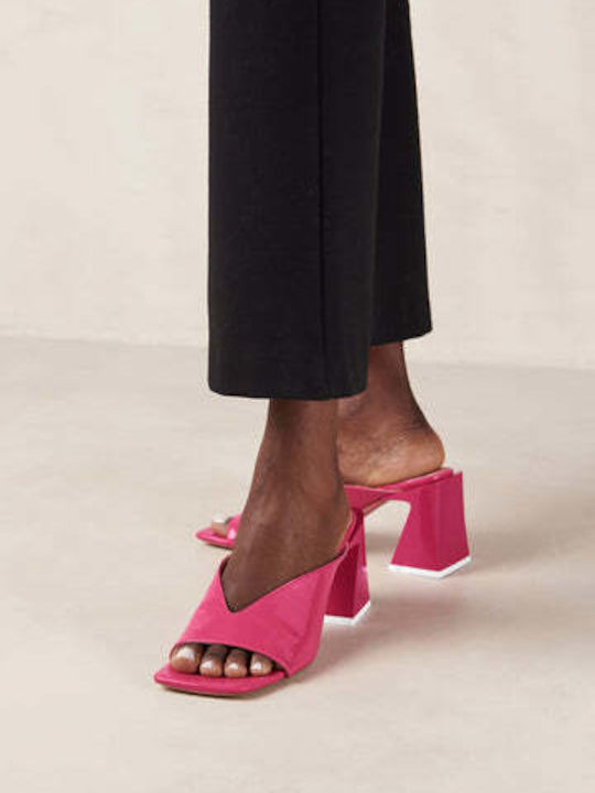 Leather Mules with Low Heel in Fuchsia Color