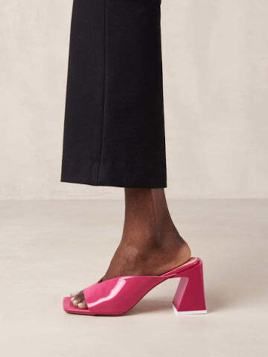 Leather Mules with Low Heel in Fuchsia Color