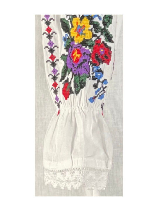 Bluza Damă Bumbac Mânecă Lungă Floral Alb Mov