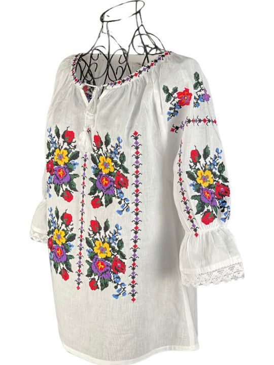 Bluza Damă Bumbac Mânecă Lungă Floral Alb Mov