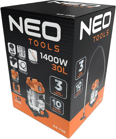 Neo Tools Staubsauger Flüssigkeiten / Feststoffe 1400W mit Kunststoff Behälter 30Es