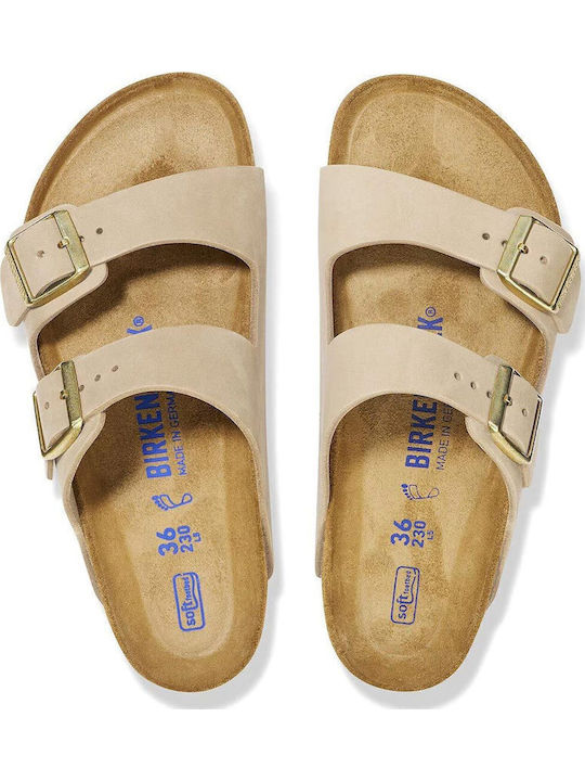 Arizona Soft Footbed Leather Women's Flat Sandals in Beige Color Narrow Fit
