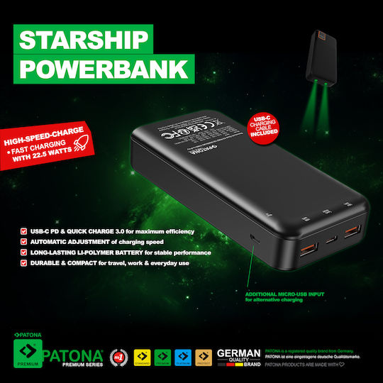 Patona Stark 4.0 Power Bank 20000mAh 22.5W with 2 USB-A Output Ports and USB-C Output Port Power Delivery Black