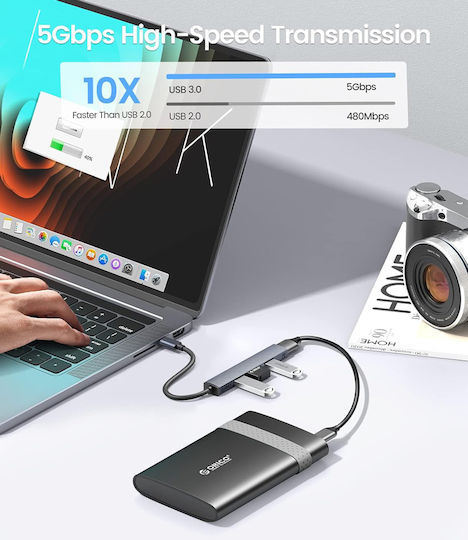 Orico USB Hub 4 Ports USB 3.0 with USB-C Connection Gray