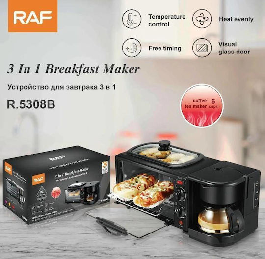 Electric Multi-Function Mini Oven 3-in-1 Multi-Device Coffee Maker Oven Non-Stick Grill Timer 1250W Black Raf Hg-5308r
