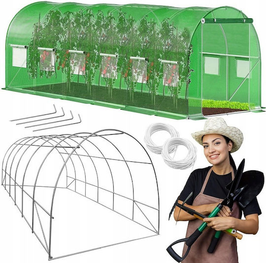 Seră Tunel Tip Cadru Metalic 300x600cm 13 Ferestre Verde 18 Mp