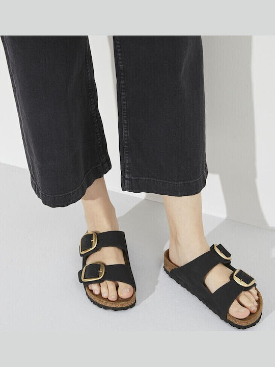 Arizona Big Buckle Leather Women's Flat Sandals Anatomic in Black Color Narrow Fit