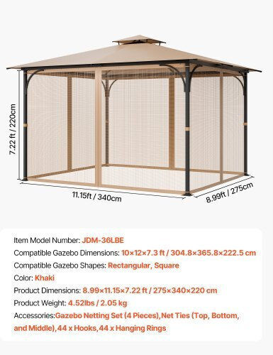 Vevor Replacement Mesh Mesh Gazebo 10x12x7.3 Ft Ltwzdl10ft12civ6iv0