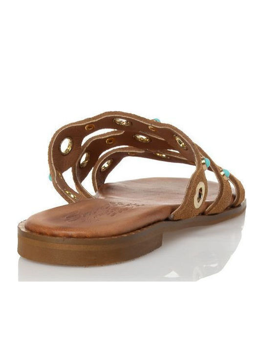 Leather Women's Flat Sandals in Tabac Brown Color