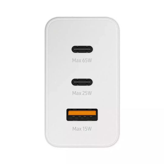 Încărcător cu Cablu Integrat cu Port USB-A și 2 Porturi USB-C 65W Albς