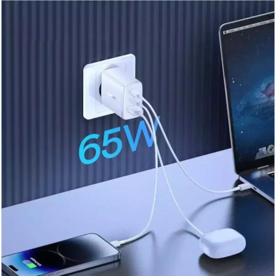 Încărcător cu Cablu Integrat cu Port USB-A și 2 Porturi USB-C 65W Albς