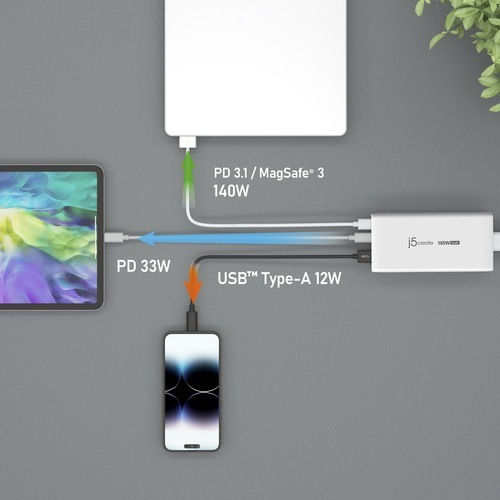 J5create Φορτιστής Magsafe GaN με Θύρα USB-A και 2 Θύρες USB-C και Καλώδιο USB-C 185W Power Delivery Λευκός (JUP37185W-FN)