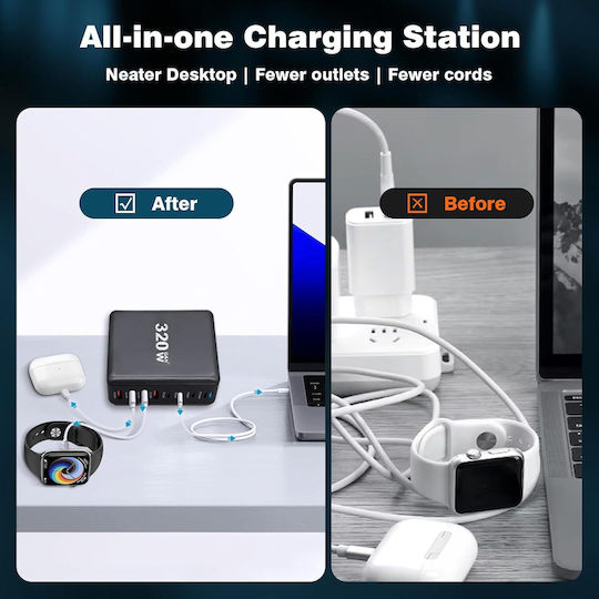 Suport de Încărcare GaN cu 4 Porturi USB-A și 4 Porturi USB-C 320W Livrarea energiei în culoarea Negru (X0024H8KPH)