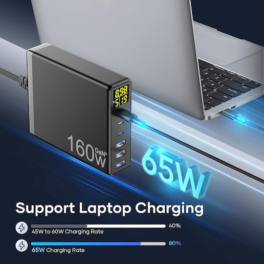 Suport de Încărcare GaN cu 3 Porturi USB-A și 3 Porturi USB-C 160W Livrarea energiei în culoarea (USB C)
