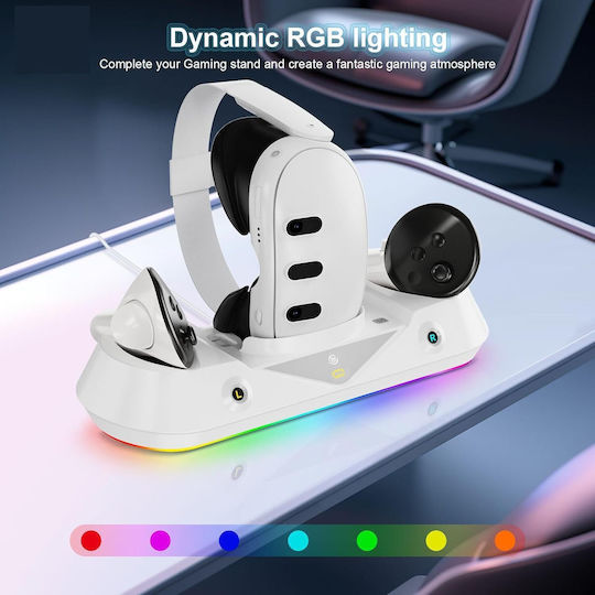 Stație De Încărcare Compatibilă VR Meta Quest 3 Ochelari Controlere Lumini RGB LED 2 Baterii 1800 mAh Accesorii Albe