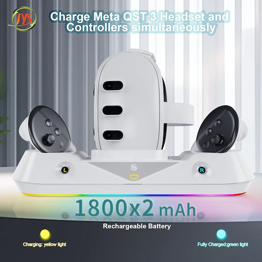 Stație De Încărcare Compatibilă VR Meta Quest 3 Ochelari Controlere Lumini RGB LED 2 Baterii 1800 mAh Accesorii Albe