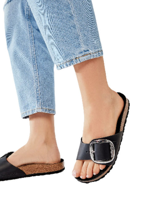 Madrid Big Buckle Oiled Leather Leather Women's Flat Sandals Anatomic in Black Color Narrow Fit