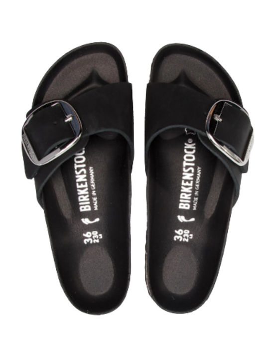 Madrid Big Buckle Oiled Leather Leather Women's Flat Sandals Anatomic in Black Color Narrow Fit
