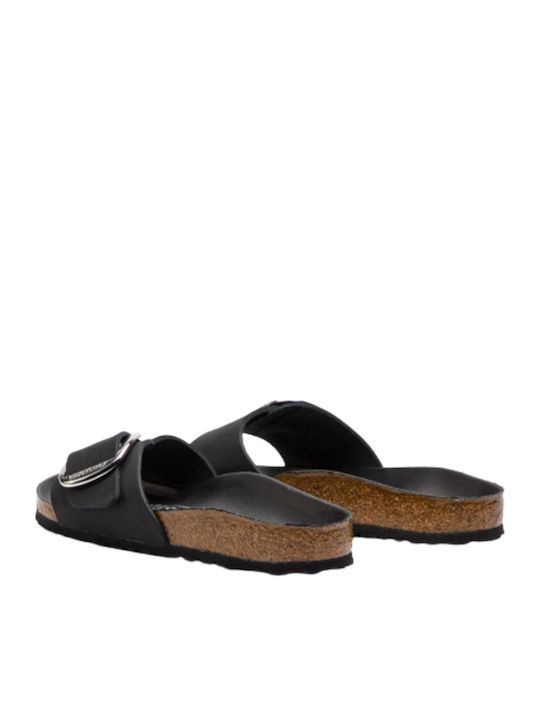 Madrid Big Buckle Oiled Leather Leather Women's Flat Sandals Anatomic in Black Color Narrow Fit