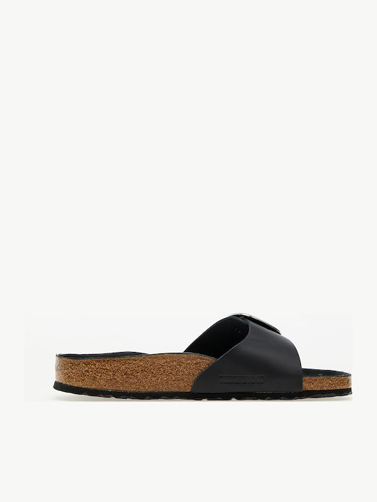Madrid Big Buckle Oiled Leather Leather Women's Flat Sandals Anatomic in Black Color Narrow Fit