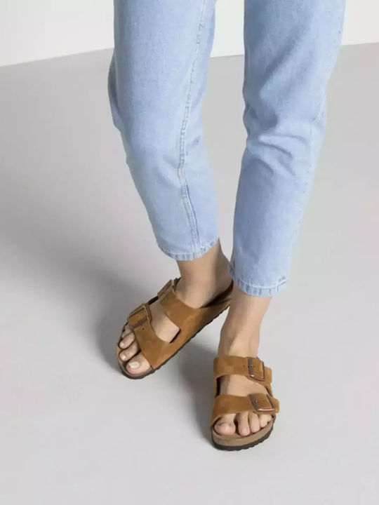 Arizona Soft Footbed Suede Leather Women's Flat Sandals Anatomic in Tabac Brown Color Narrow Fit