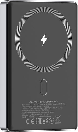 Canyon OnPower 510 MagSafe 10000mAh 20W με Θύρα USB-C Power Delivery Γκρι