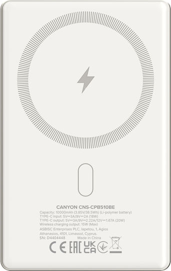 Canyon OnPower 510 MagSafe 10000mAh 20W με Θύρα USB-C Power Delivery Μπεζ