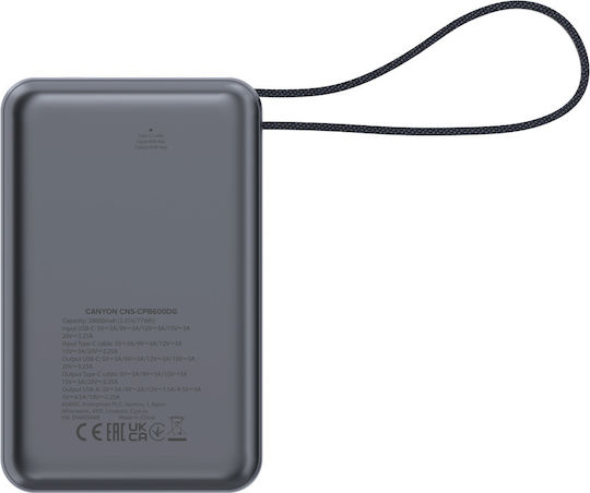 Canyon OnPower PB-600 20000mAh 65W με Θύρα USB-A και Θύρα USB-C Power Delivery Dark Gray