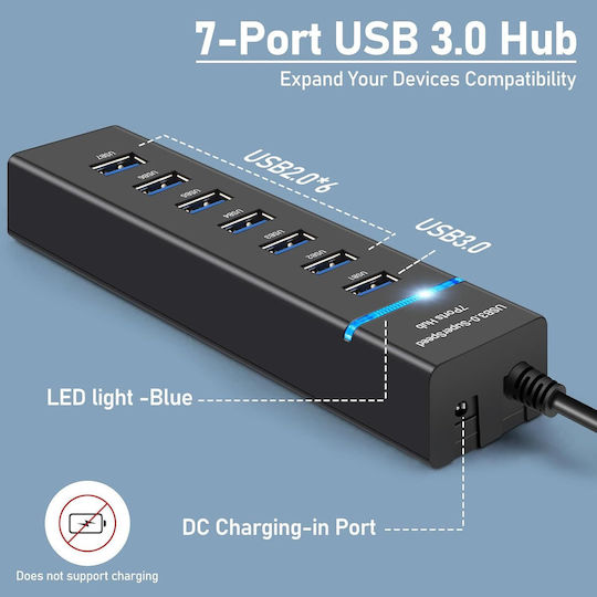 7 In 1 Usb Hub Usb 3.0 7 Ports 5 Gbps 30 Cm Compatible Windows Macos Linux Plug Play Led Light Overcurrent Protection Overload Protection Short Circuit Protection Multifunctional