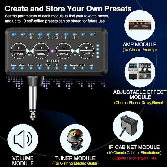 Mini Amplificator Pentru Chitară Căști Reîncărcabil Bluetooth Înregistrare Mod 10 Presete 10 Canale IR Tuner Reverberație Întârziată Chorus Fază Suprasarcină Distorsiune Efect Compozit