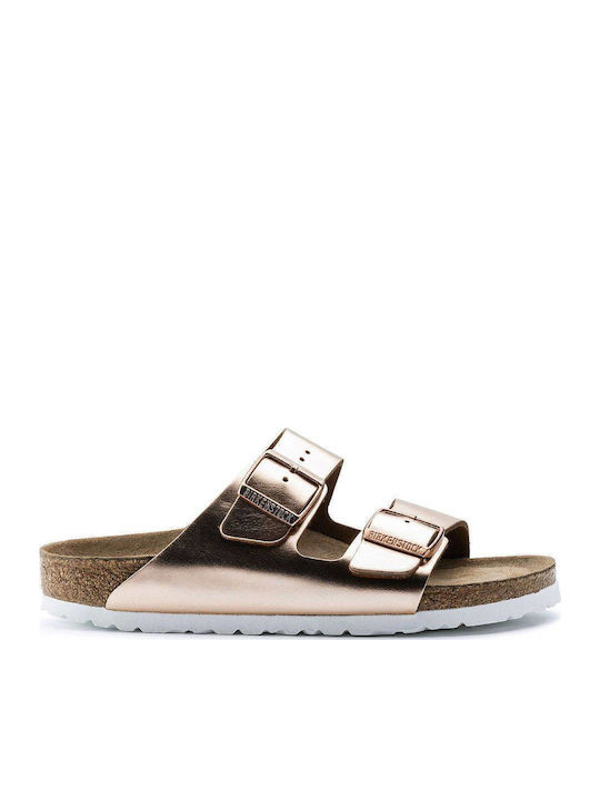 Arizona Soft Footbed Natural Leather Women's Flat Sandals Anatomic Metallic Copper Narrow Fit