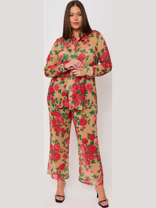 Women's Fabric Trousers with Elastic Floral Floral Print