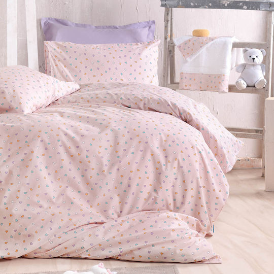 Rythmos Bettwäsche-Set Halb-Doppel Mit Gummizug Baumwolle Tiny Heart Symbol Somon 160x260cm 3Stück