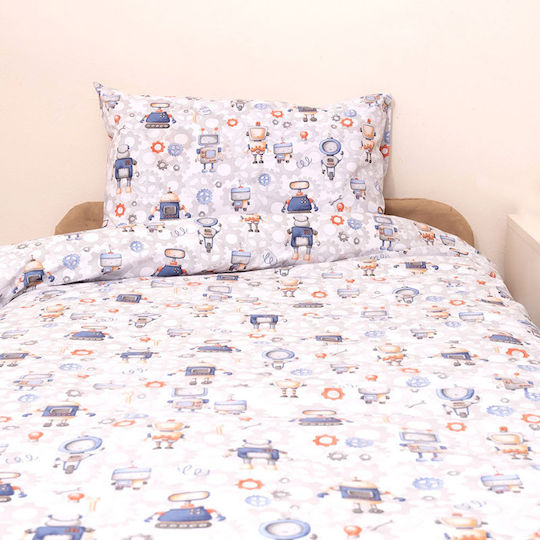 Viopros Kids Sheets Set Single with Elastic Band Cotton Robots White 100x200cm 3 Pieces