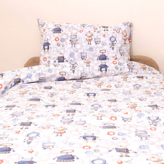 Viopros Kids Sheets Set Single with Elastic Band Cotton Robots White 100x200cm 3 Pieces