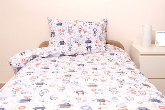 Viopros Kids Sheets Set Single with Elastic Band Cotton Robots White 100x200cm 3 Pieces