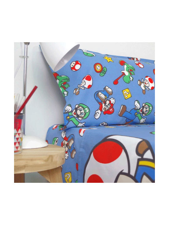 Nintendo Bettwäsche-Set Einzel aus Baumwolle & Polyester Super Mario Bros Blau 90x195cm 3Stück